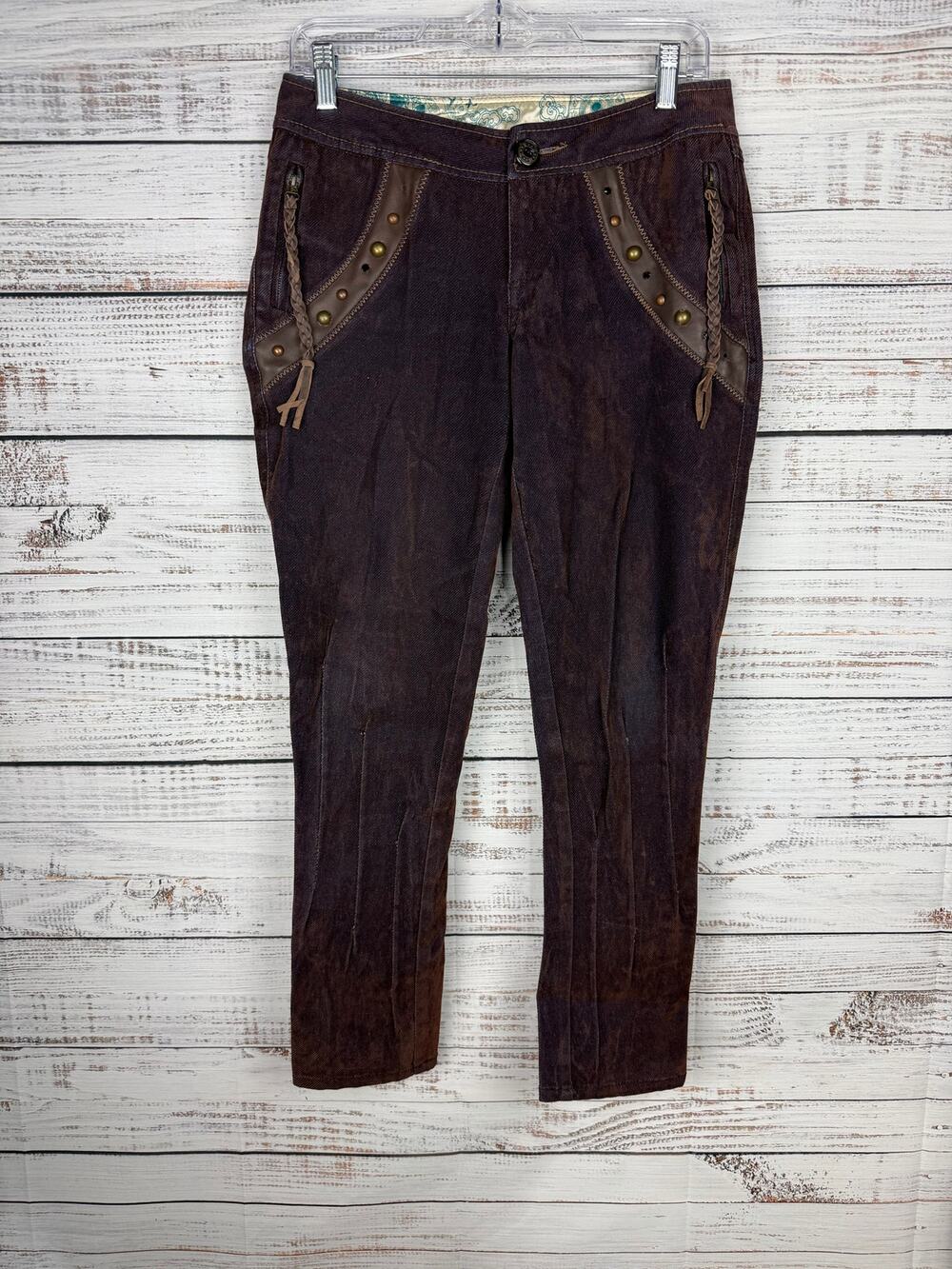 Sugar Lips Brown Denim Skinny Jeans Y2K Studded Medium Low Rise Boho Tassel